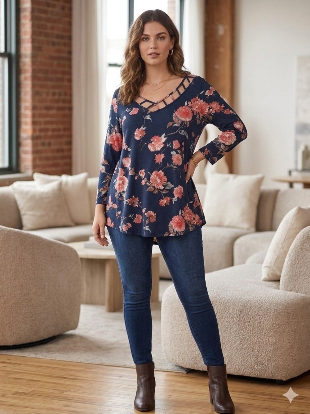 Floral Lattice-Detail Navy Women's Top